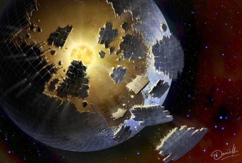 Artist's Conception of a hypothetical Dyson Sphere disintegrating around KIC 8462852.  Credit:  Danielle Futselaar, SETI International